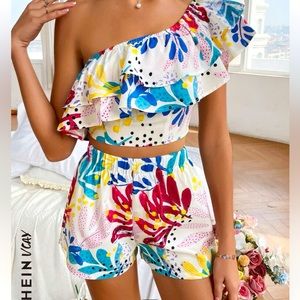 SHEIN floral print one shoulder top and shorts